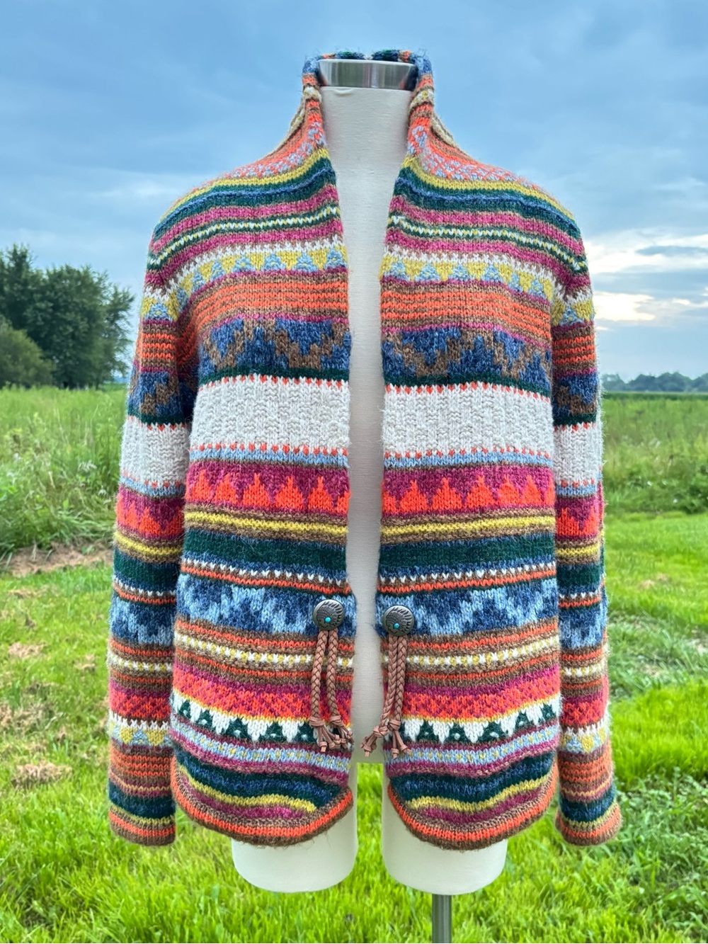 Fair Isle Womens Chunky Cardigan Sweater M Boho Indie Southwestern Concho Tassel - Picture 2 of 16